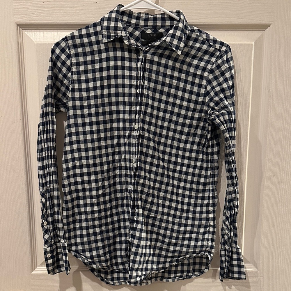 J. Crew Navy and White Gingham Boy Fit Women’s Shirt
